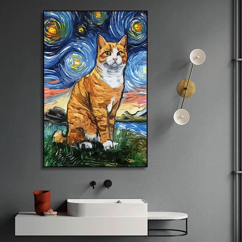 Sternennacht Katze Abstrakte Tier Poster und Drucke Vintage Leinwand Malerei Wand Kunst Bild für Wohnzimmer Korridor Wohnkultur