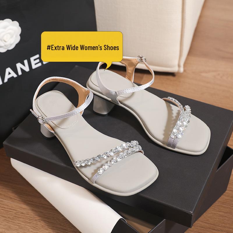Sandály na silném podpatku ve stylu víly pro široká chodidla - Letní móda s jedním páskem a kamínky pro ženy