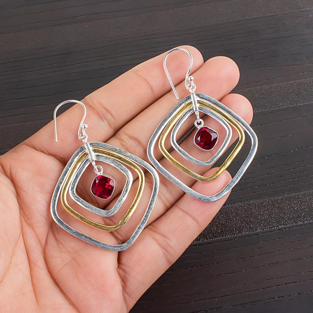 Pink Rubellite Gemstone 925 Sterling Silver Handmade Jewelry Hook Earrings2.44" EE-70-3