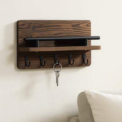 Durable Retro Wooden Key Holder Wall Mounted with 5 Hooks Coat Hook Floating Shelf Decorative Hook Wall Hat Hanger Mudroom