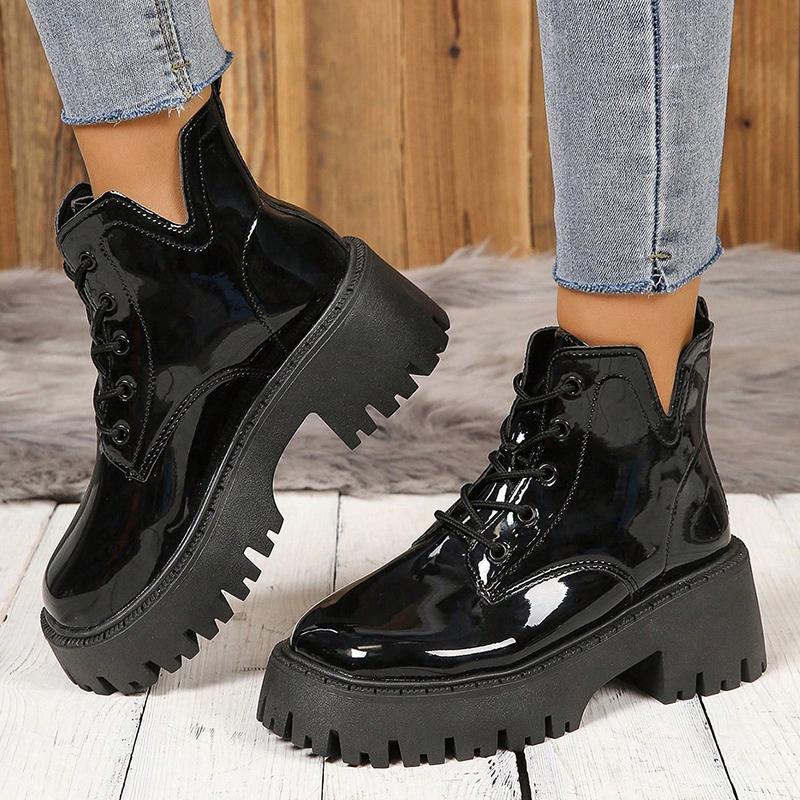 Fashion Chunky Platform Ankle Boots for Women Fashion Thick Bottom Non Slip Combat Booties Woman Black Patent Leather Punk Botas Mujer