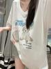 2025 Summer New Women's Influencer V-neck Loose Cartoon Print Short Sleeve T-shirt