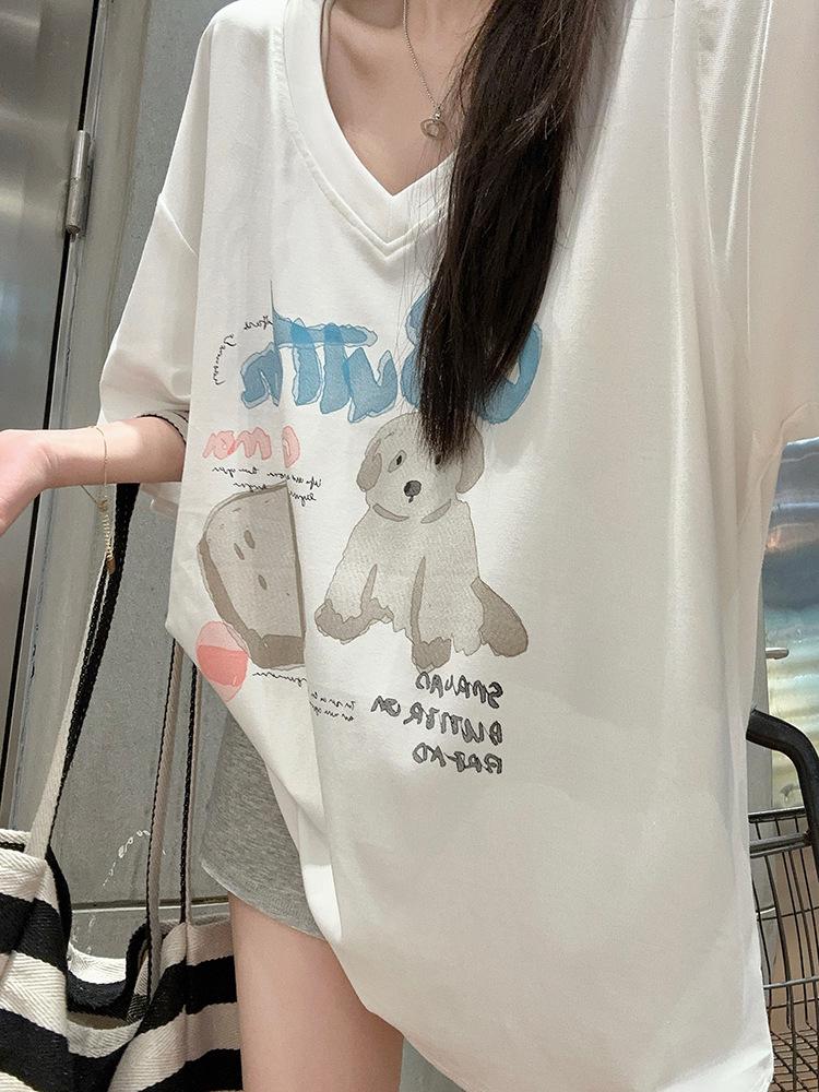 2025 Summer New Women's Influencer V-neck Loose Cartoon Print Short Sleeve T-shirt