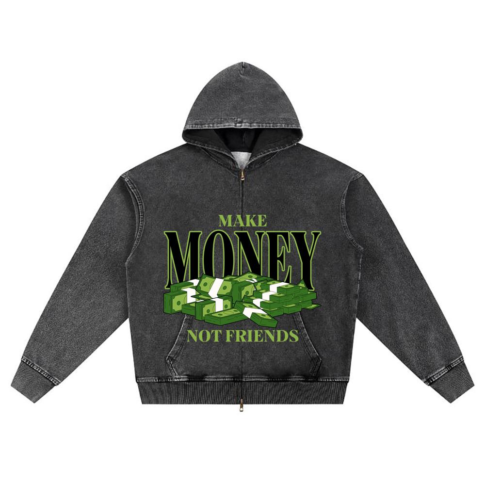 DTG Print Knitted Denim Zip-Up Hoodie Make Money Not Friends Brother Print Zipper Hoodies  