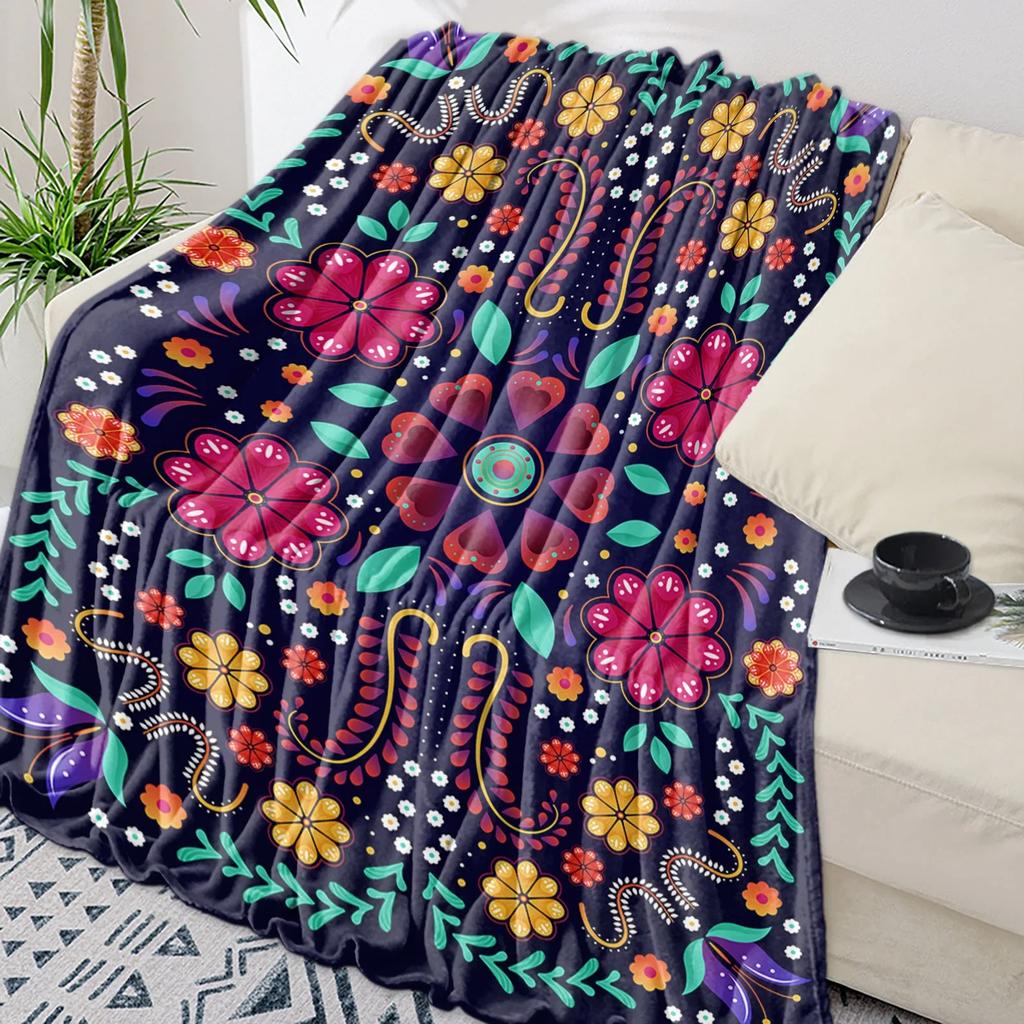 Colorful Mexican Abstract Flower Throw Blanket Warm Flannel for Kids Portable Soft Sofa Bedspread