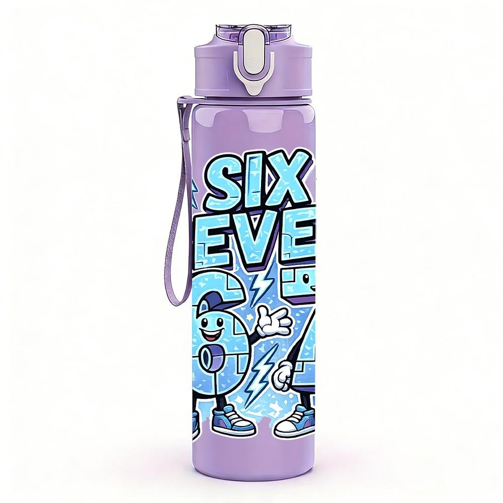1PC Six Seven Blue Retro Graffiti Print 750ml Color Plastic Sports Water Bottle Leakproof Flip Straw Lid Suitable for Sports Office Home Use