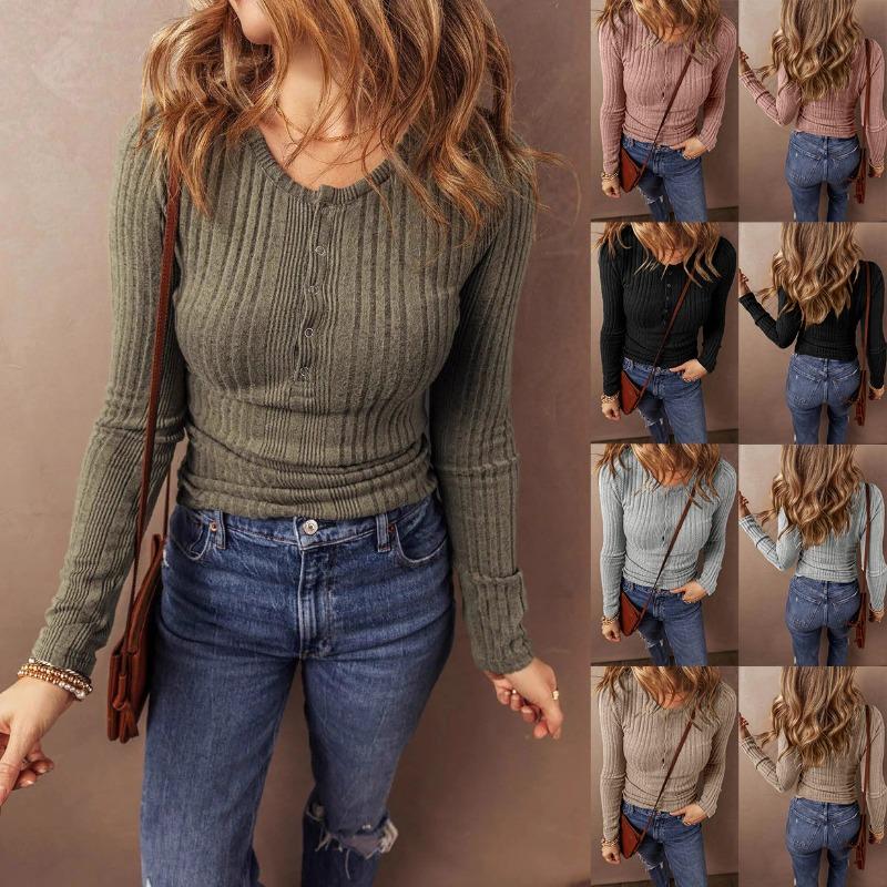 Autumn Winter New European and American Clothing Button Temperament Solid Color Long-sleeved T-shirt Tops for Women
