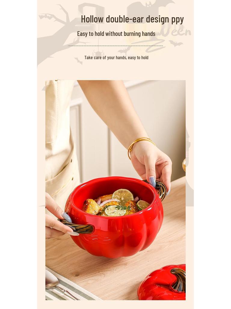 Große Keramik-Kürbissuppenschüssel mit Deckel und doppelten Henkeln - Kreatives Verbrühschutz-Design zum Servieren von Suppe, Instantnudeln und Reispasta mit Fluss-Schnecken.