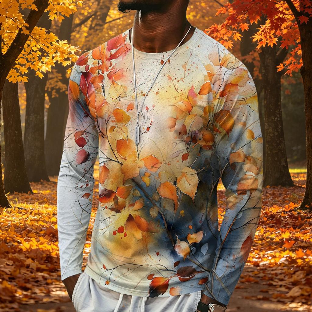 T-shirt da uomo a maniche lunghe con stampa di foglie d'acero, top casual leggero girocollo per autunno e inverno
