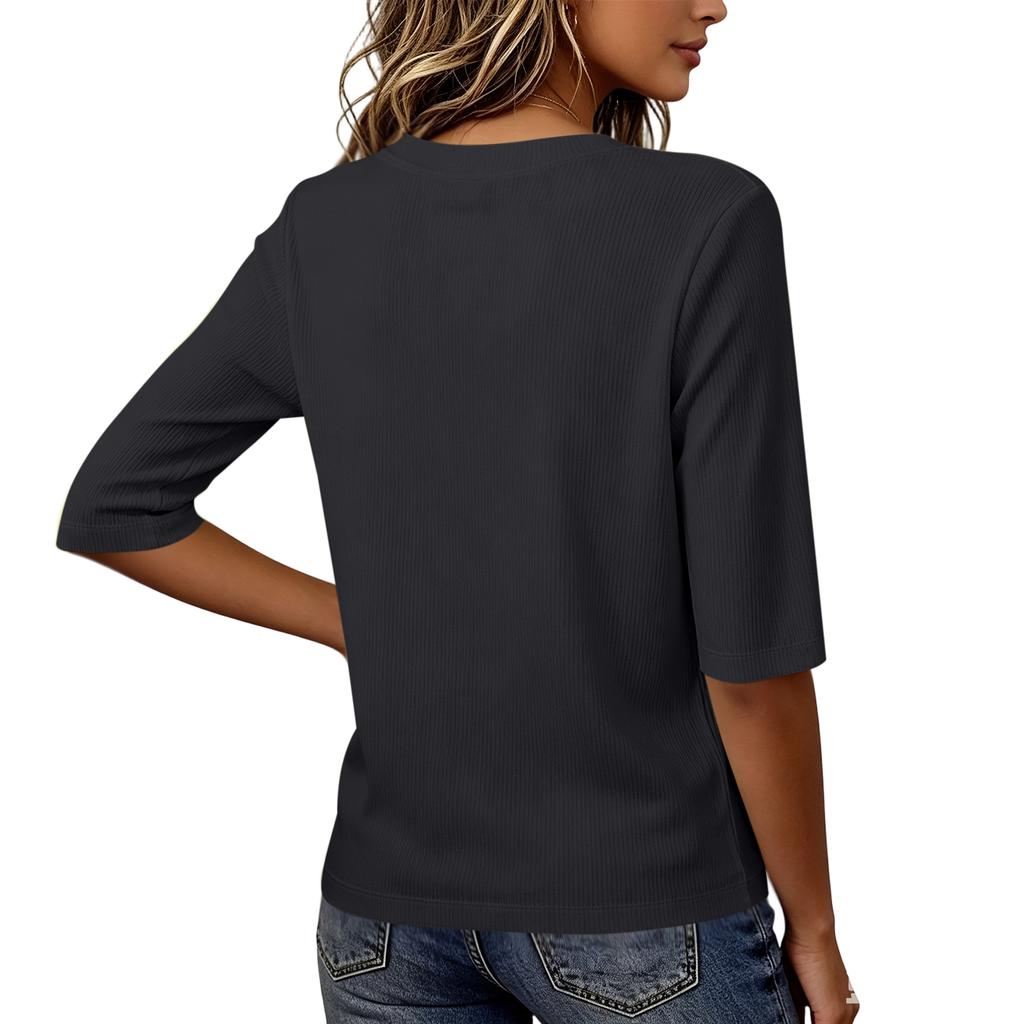 Women's Ribbed Half Sleeve V Neck T Shirt Slim Fit Stretchy Soft Fabric Casual Basic Top for Layering and Everyday Wear