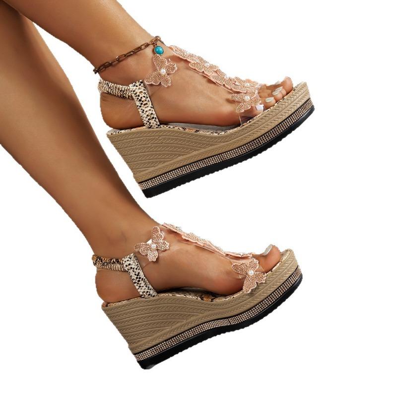 Summer new large size women's wedge heel sandals bow decorative foot cover rhinestone sole high heel sandals