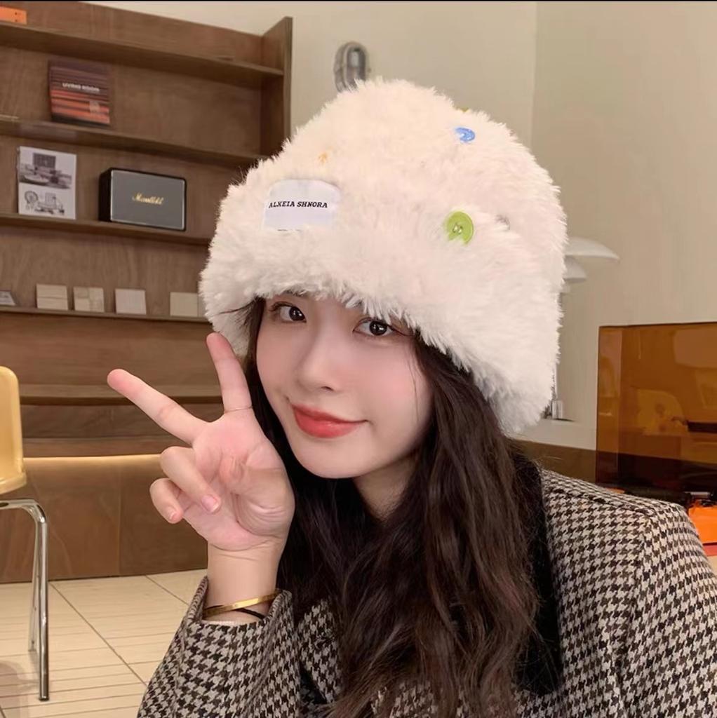 White deer button hat women's autumn and winter plush warm knitted bucket hat cold hat big head circumference wool hat basin hat
