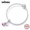 WOSTU 925 Silver Pink Dress Crown Princess Charm Bead Pendant Fit Original Bracelet Necklace For Women Jewelry CQC2203