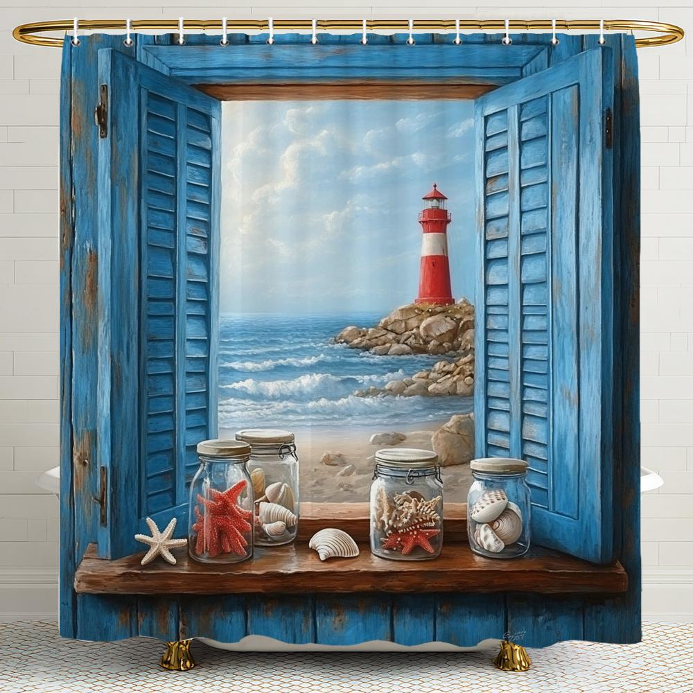 

Watercolor Blue Window Ocean Lighthouse Shell Shower Curtain Shower Curtain, Bathroom Decorative Shower Curtain With Hooks W60H190(CM)-1 Pcs