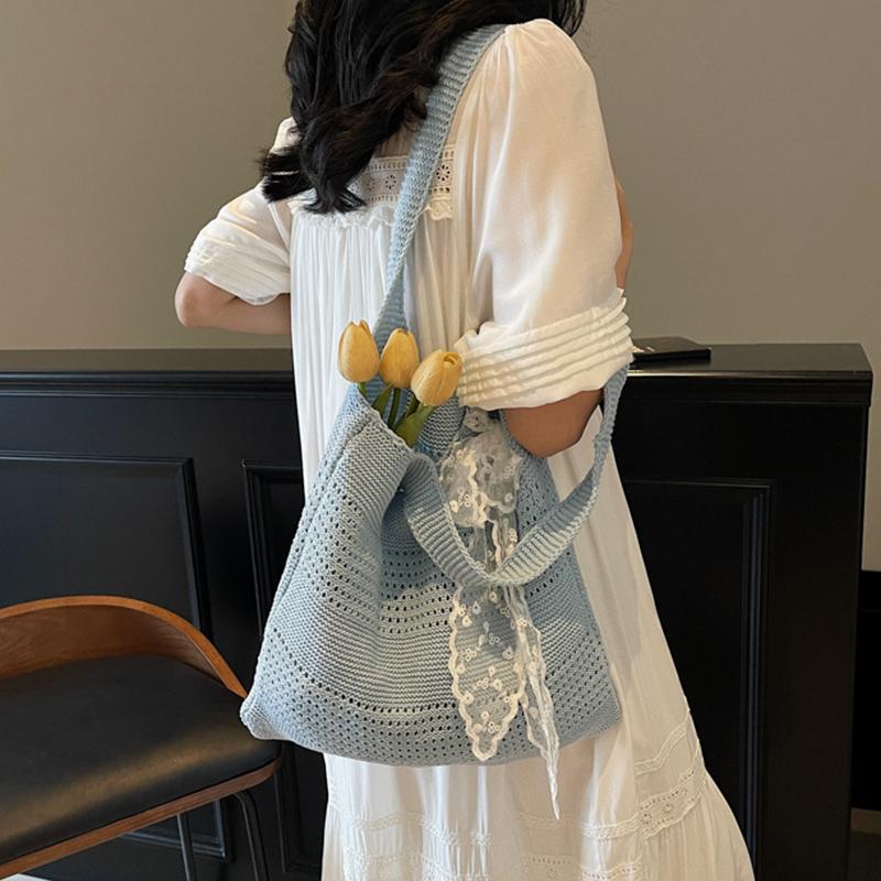 Yogodlns Summer Beach Tote Bag Women New Fashion Hollow Out Weave Shoulder Bags Female Lace Decorate Handbags