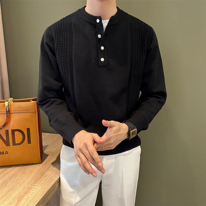 Men's Henley Neck Long Sleeve Knit Sweater: Lightweight British Style for Autumn/Winter