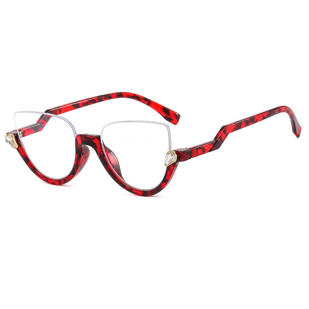 Herren Damen Trendige Halbrahmen Cat Eye Brille Modisch Leichte Freizeitbrille Diamantbesetzt Retro Flacher Spiegel