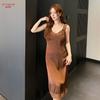 New lace suspender nightdress women's summer V-neck medium and long pure lust loungewear can be worn outside ice silk satin