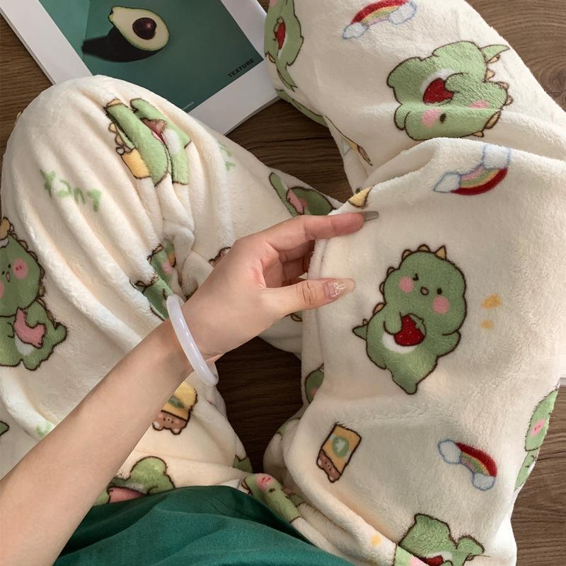 Cartoon Flannel Pajama Pants for Women - Winter Warm Fleece Lounge Pants, Coral Velvet Sleepwear Bottoms for Students, Cozy Home & Outdoor Wear