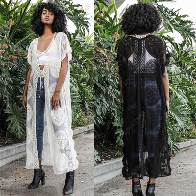 2024 Sexy See Through Bikini Cover-ups Long Black Lace Tunic Plus Size Kimono Women Summer Beach Wear Swim Suit Cover Up