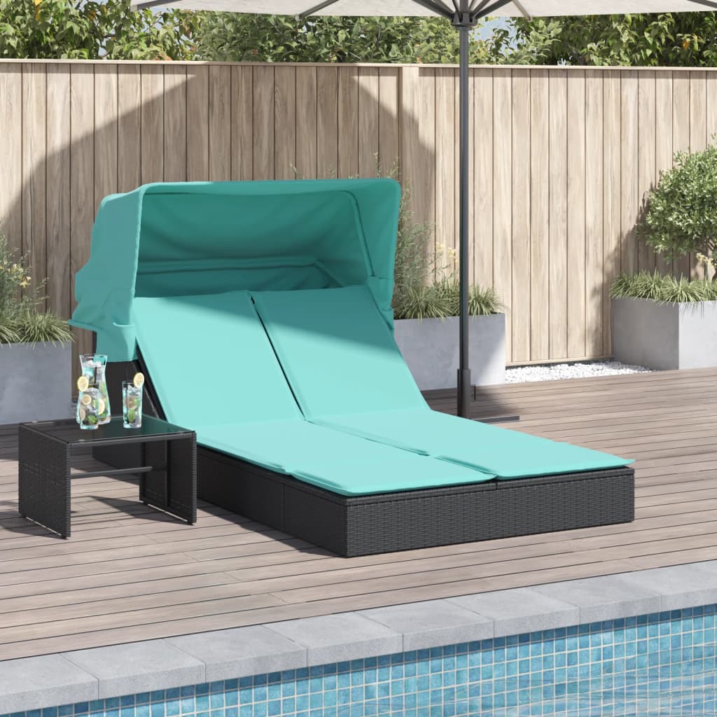 Double Sun Lounger with Canopy and Cushions Black Poly Rattan