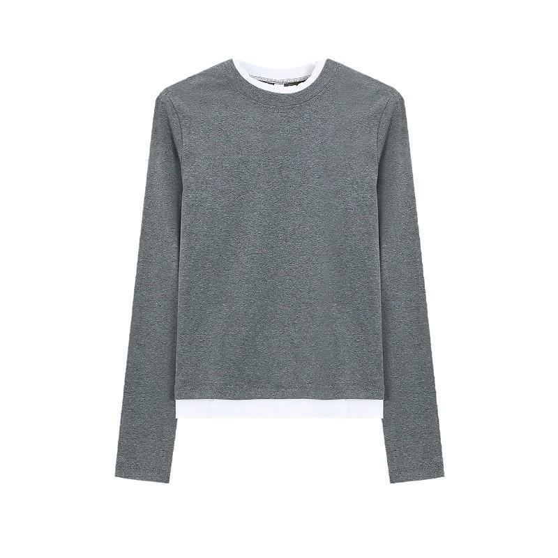 Women's Two-Piece Look Slim Fit Long-Sleeve T-Shirt - New for Early Autumn 2024, Round Neck Versatile Pullover Top.