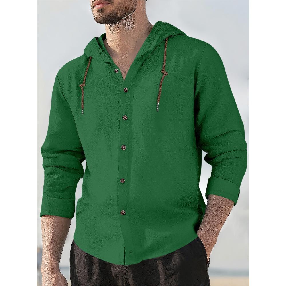 New Spring/Summer Men's Hooded T-Shirt Solid-Colour Cotton-Linen Blend Men's Casual Long-Sleeved Top