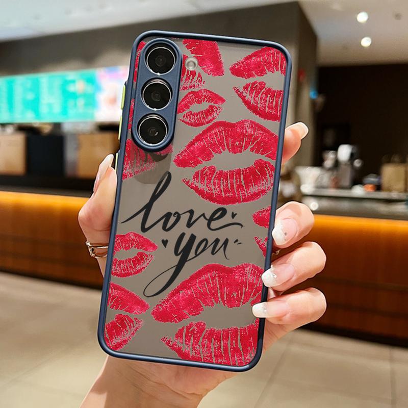 Rote Lippen Muster Slim Stoßfest Matte Hülle Für Samsung S25 Ultra S24 FE S23 S22 A16 A56 A55 A36 A26 A15 A35 Linsenschutz Transparente Handyhülle