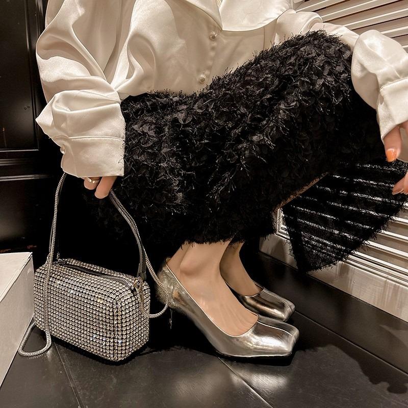 

Temperament High Heels French Retro Square Toe Shallow Mouth Stiletto Commuter Single Shoes Women 40 срібний