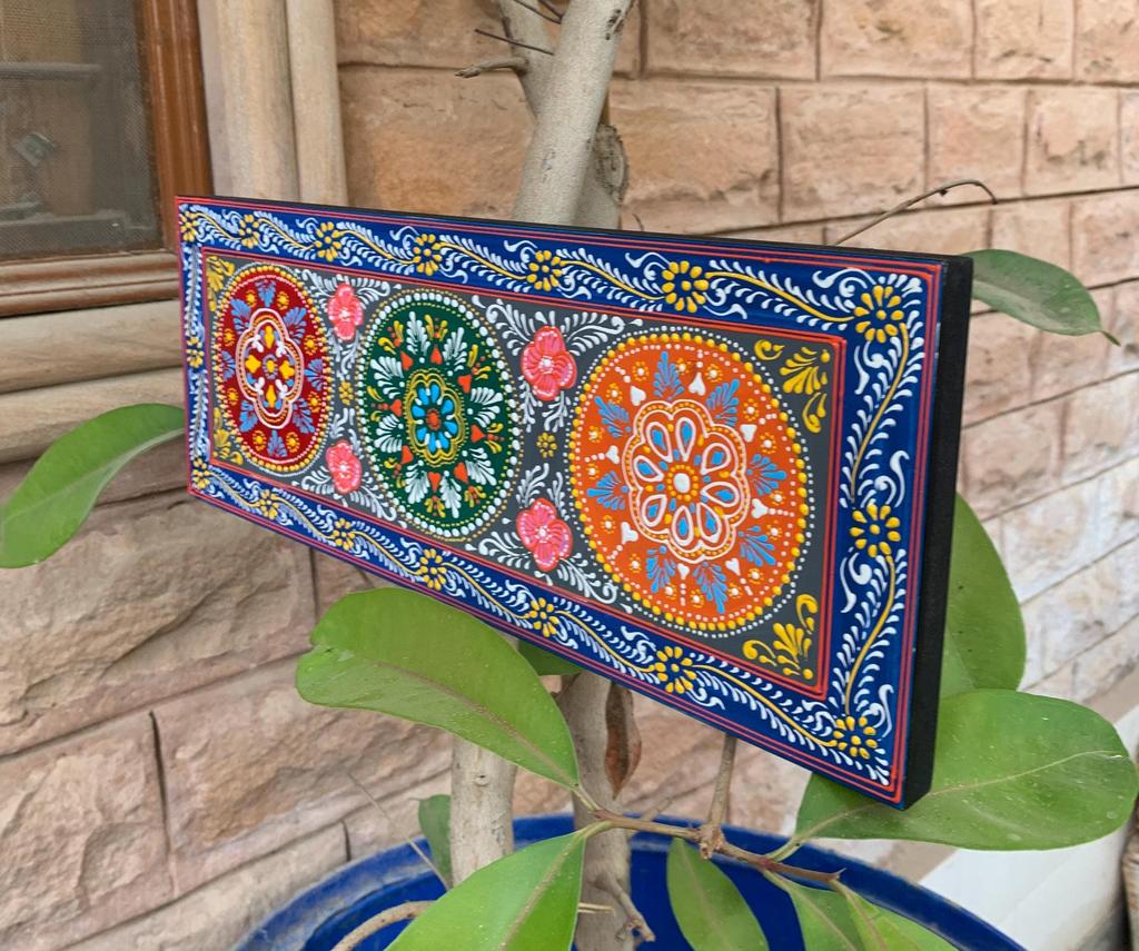 Hand Carved Painted Floral Wood Panel: Indian Home Decor