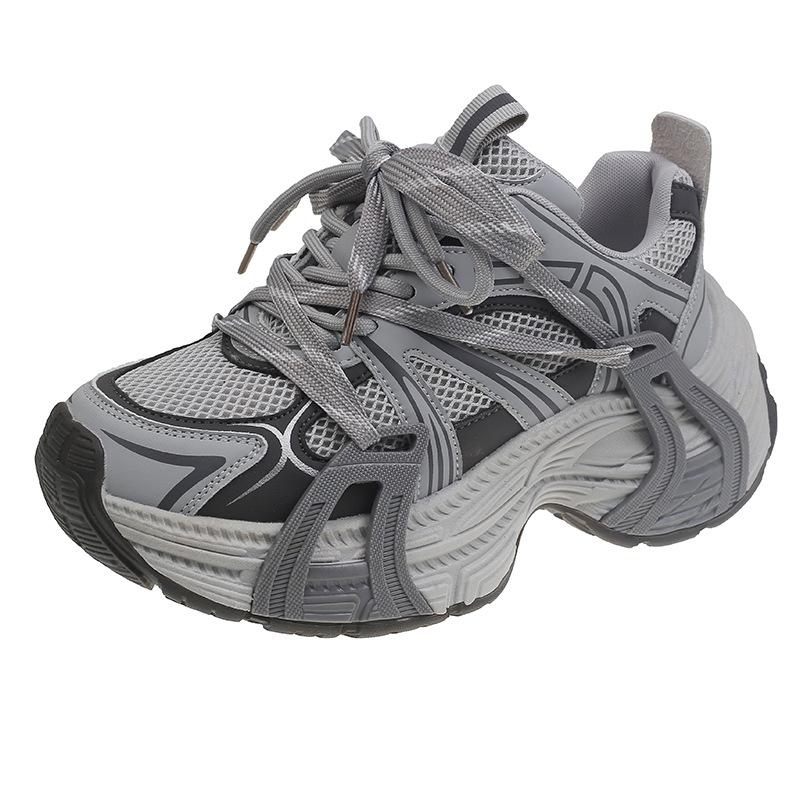 2025 early spring new casual platform women's shoes leather round head lace-up dad shoes women's height increase versatile women's single shoes