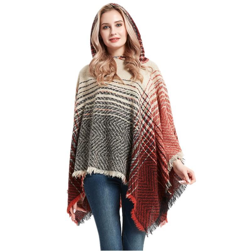 Womens Gradient Herringbone Circle Yarn Hooded Poncho Sweater Shawl Winter Fall Streetwear