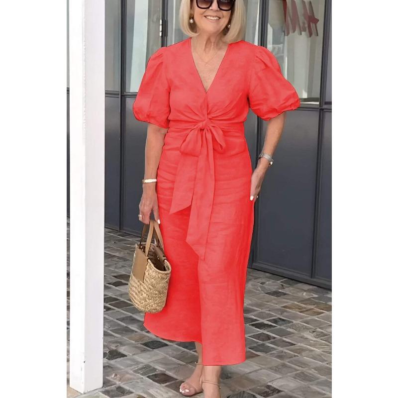 VEZFAA Women's Fashion Summer Spring Solid Color Print Short Sleeve V-Neck High Waist Casual Dresses