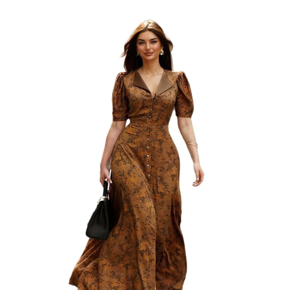 Brown Floral Print Button Front Dress with Puff Sleeve