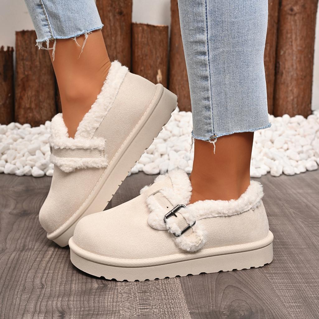 Fashion Women Boots 2025 New Fashion Faux Fur Shoes Women Thick Bottom Non Slip Ankle Boots Warm Metal Belt Buckle Snow Boots Women