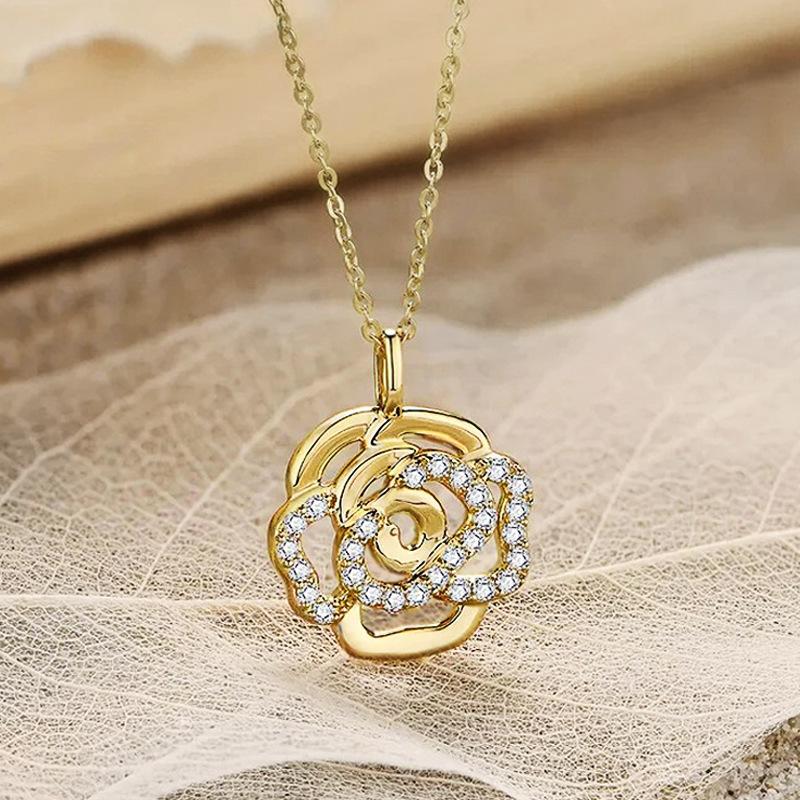 Gold Tone Crystal Rose Pendant Necklace for Women, Elegant Floral Hollow Cutout Jewelry