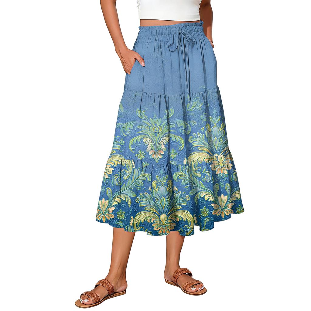 Womens Maxi Skirt Drawstring High Waisted Summer Long Skirts Lightweight Tiered Flowy Floral Pleated Skirts