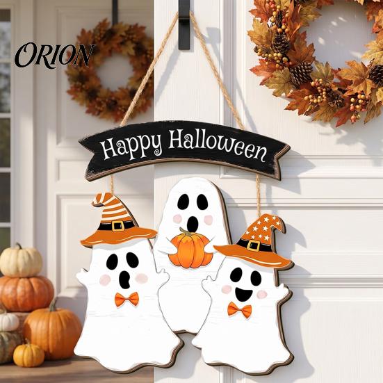 Holiday Party Supplies Halloween Wooden Hanging Sign, Rustic Ghost Bat Black Cat Witch Hat Wall Decor, Balcony Window Decor Spooky Pendant with