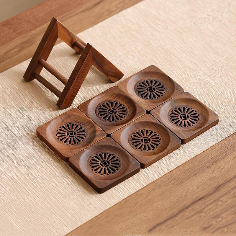 1 Set Chinese Walnut Wood Tea Tray Storage Rack Household Carved Coaster Insulation Teapot Teacup Mat Teaware Accessories