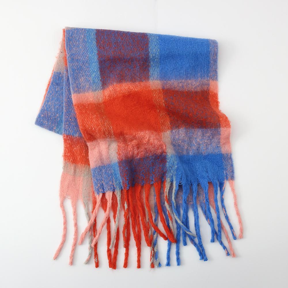 Autumn and winter new rainbow plaid imitation cashmere fringed scarf women's mohair enlarged thick shawl warm scarf