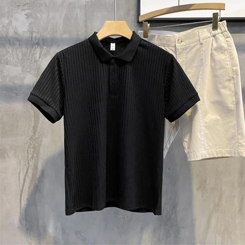 Men's Slim Fit Short Sleeve Polo Knit Shirt - Korean Style Casual Ribbed Top