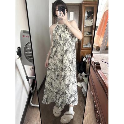 New Versatile Girl Temperament Print Summer Neck Thin Suspender Sleeveless Dress Long Dress