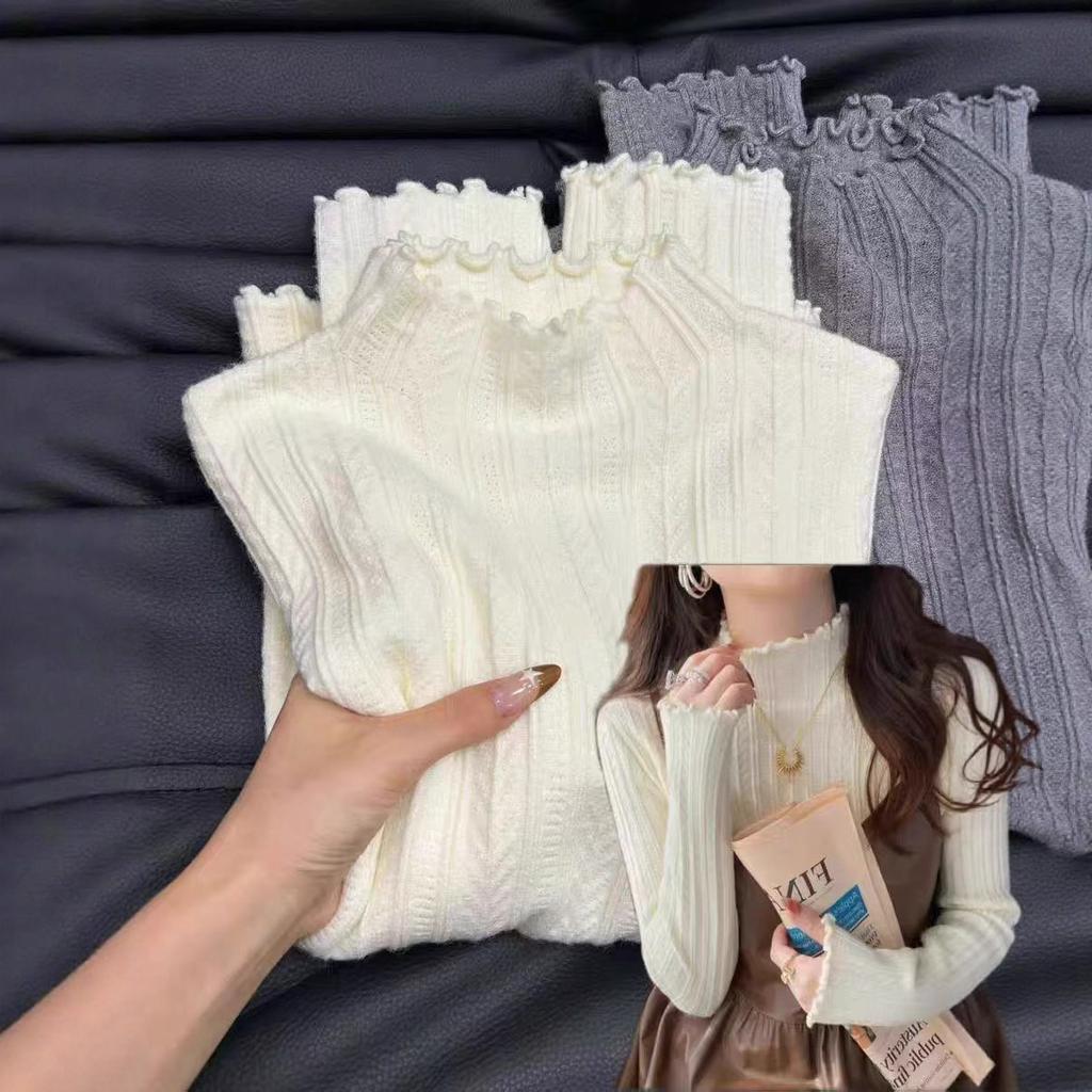 Korean Autumn and Winter New Fungus Lace Solid Color Long-sleeved Knitted Pullover Women's Basic Knitted Bottoming Shirt