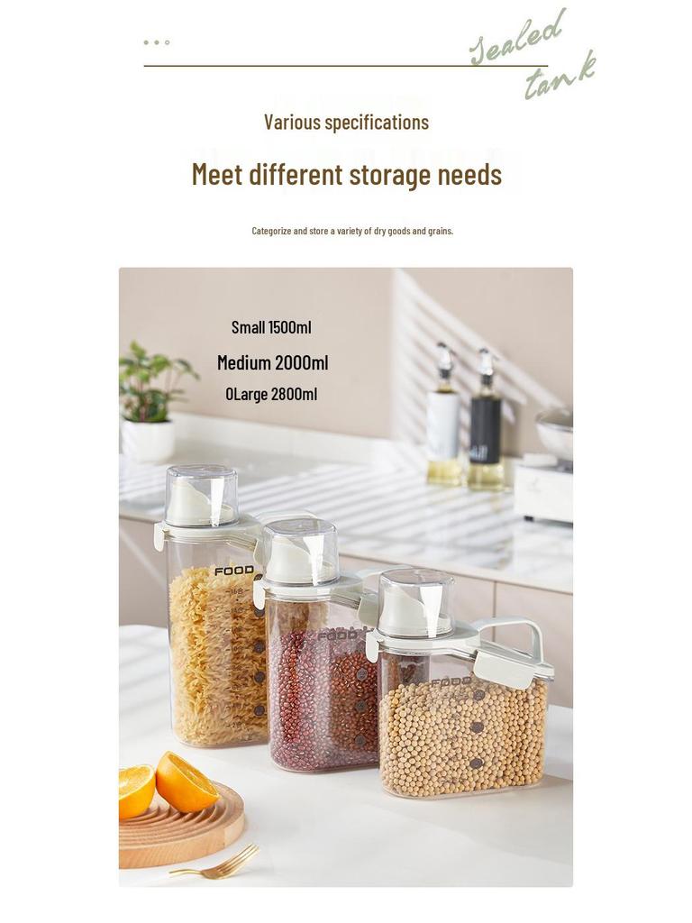 Multi-Grain Storage Canister with Measuring Cup - Sealed Plastic Container for Rice, Flour, and Grains