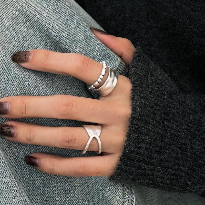 Double Layer Beaded Geometric Adjustable Open Ring for Women - Trendy, Irregular Wide Edge Design