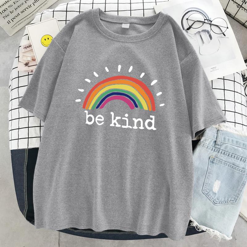 Be Kind A Glowing Rainbow Womens T Shirt Cotton Cool Tshirt Street Oversized Short Sleeve Fashion Breathable Tee Clothes