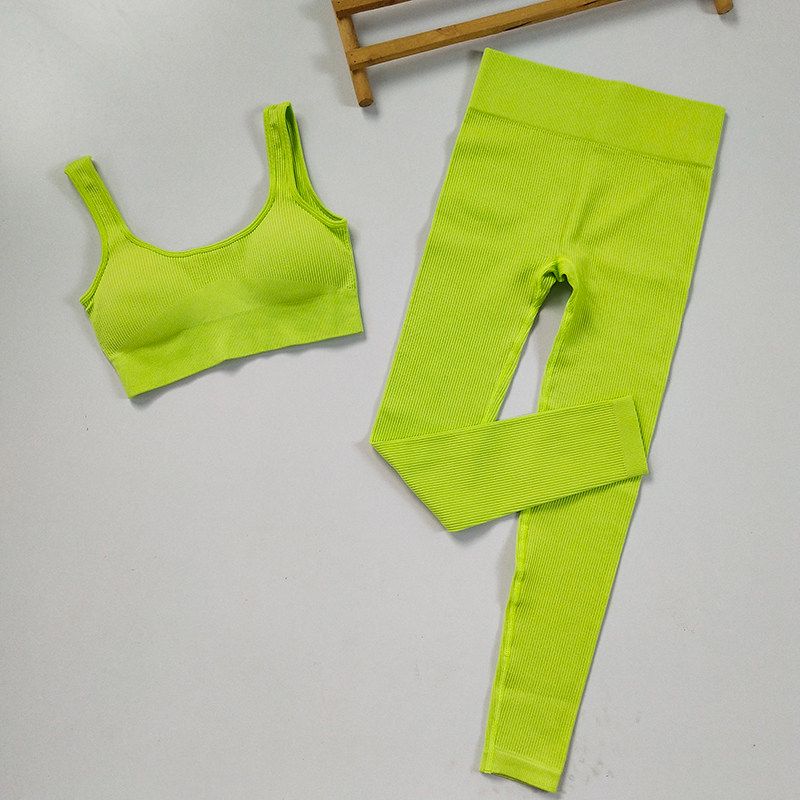 

Fashion Ins Seamless Workout Clothes Women s Tight High Elastic Bubble Wrap Sportswear Suit Bra Pants Yoga Clothes Two-piece Set Fluorescent Green L