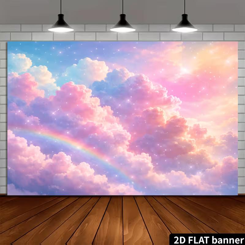 Sfondo Decorazione Festa Nuvola Arcobaleno Scintillante 2D, Sfondo Azzurro Rosa Pastello per Eventi