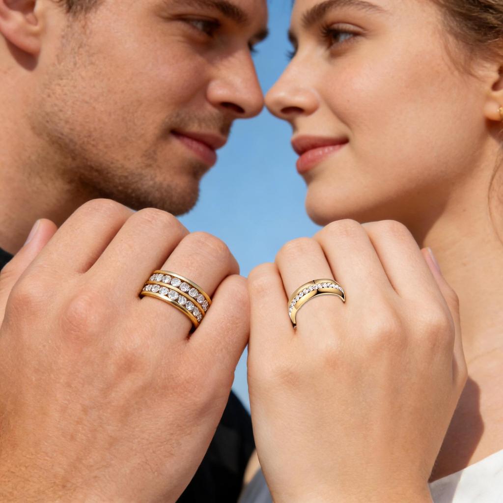 Titanium Steel Retro Couple Rings with Row of Diamonds