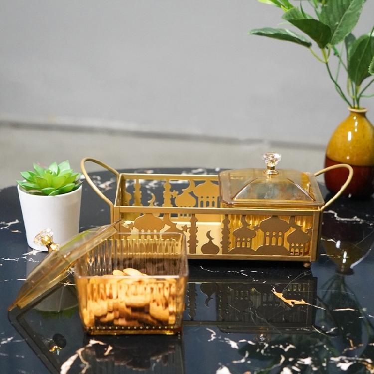 Gold Metal Platter Eid Mubarak Snacks Tray Ramadans Dessert Serving Dish Middle Eastern Festival Desktop Decoration